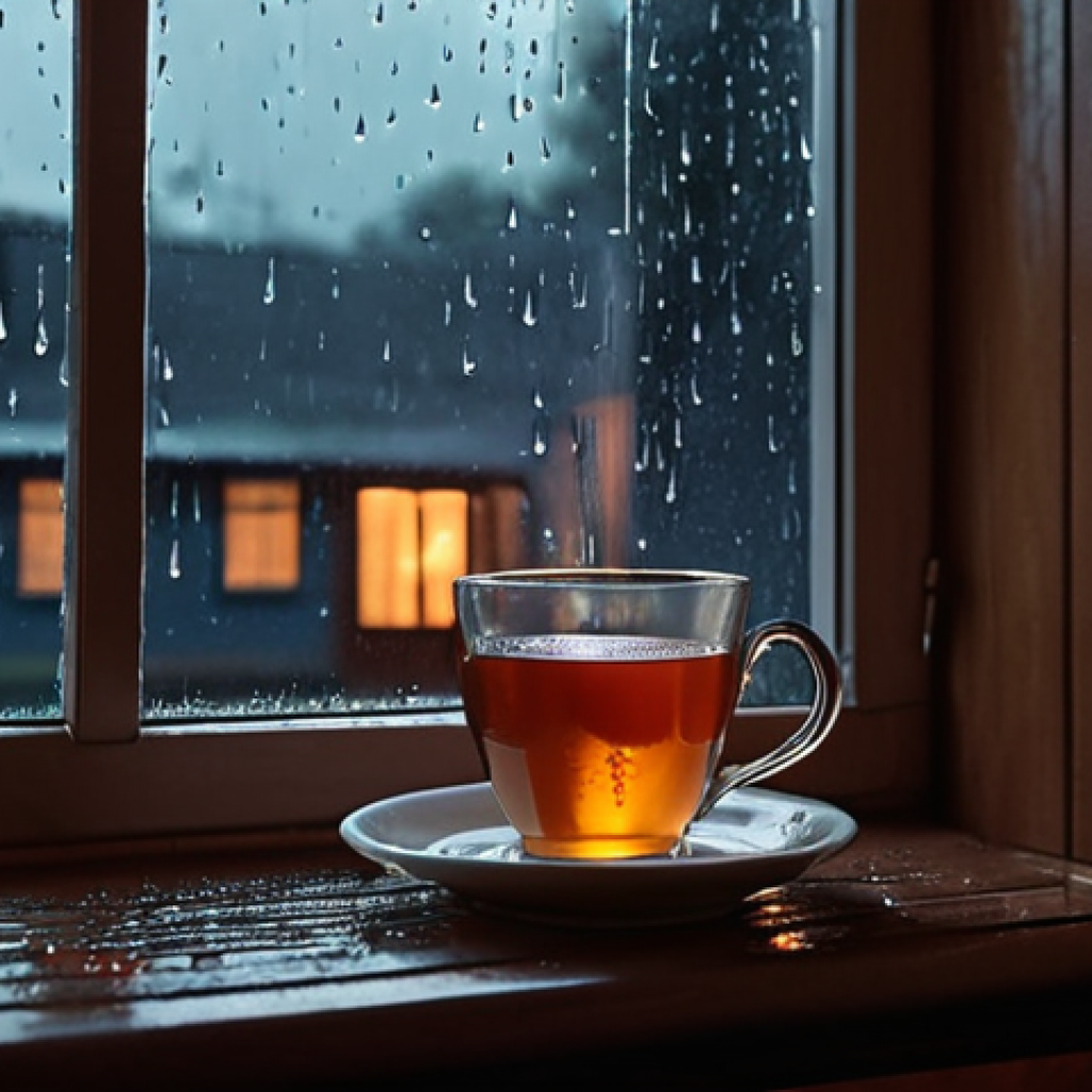 **Cozy Rainy Evening:** A cup of steaming tea next to a window with raindrops, casting a warm glow on a crime series playing on a TV screen.