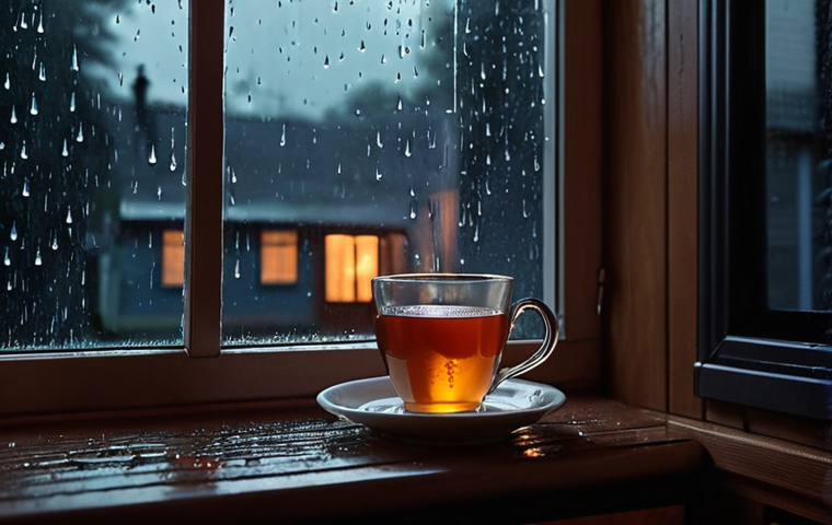 **Cozy Rainy Evening:** A cup of steaming tea next to a window with raindrops, casting a warm glow on a crime series playing on a TV screen.